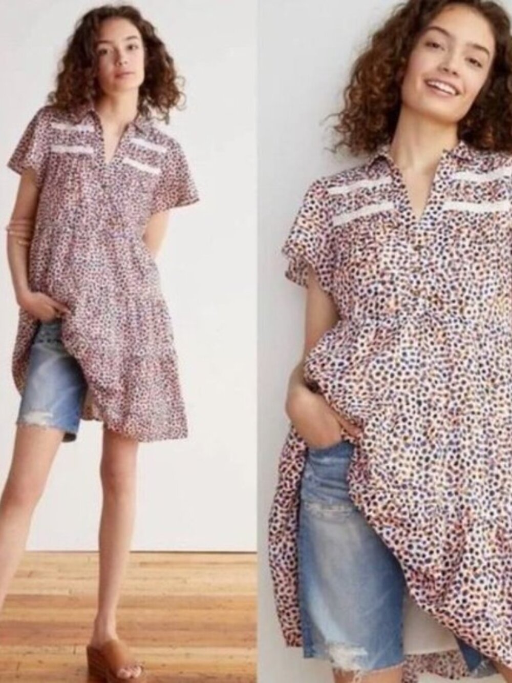 Anthropologie Georgina Tiered Mini Shirtdress In Blue Combo XXSP Boho Babydoll